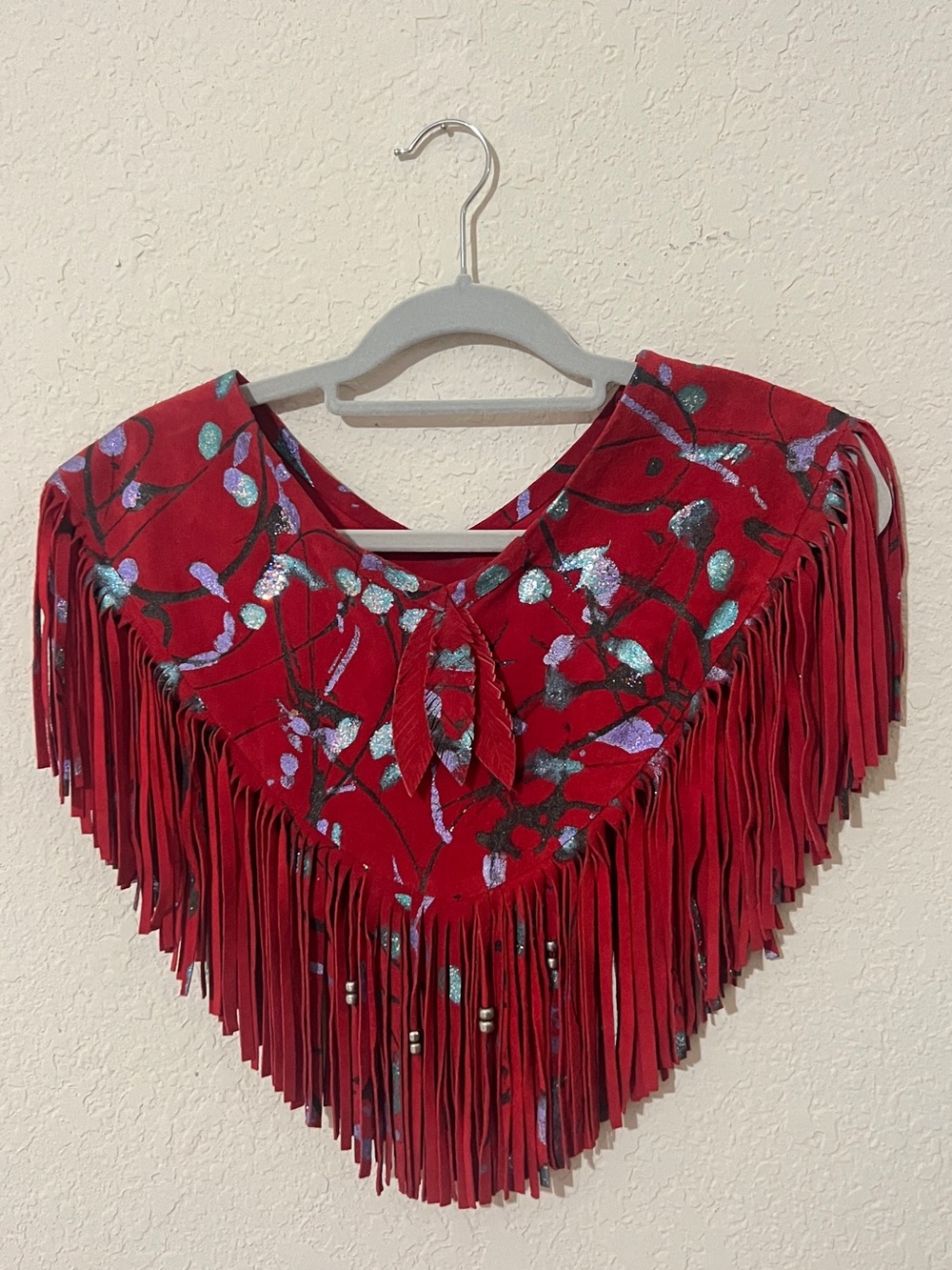 Vintage Western Red Fringe Suede Poncho with  Floral Accents